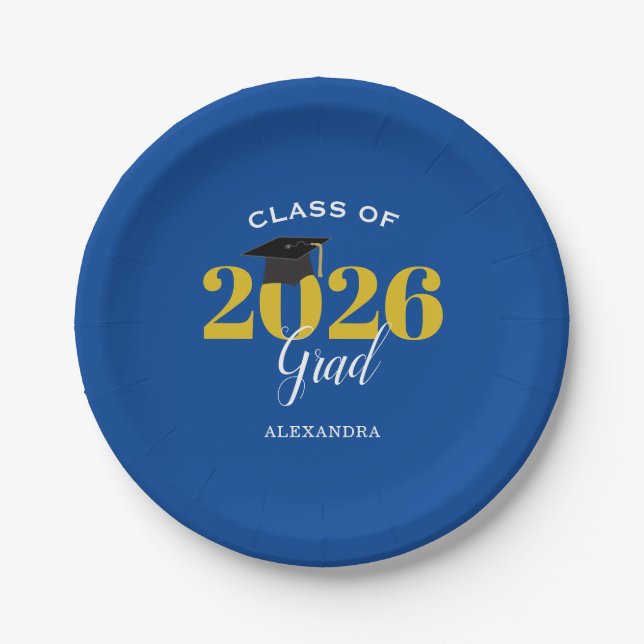 Class of 2026 Grad Simple Blue and Gold  Paper Plate (Front)