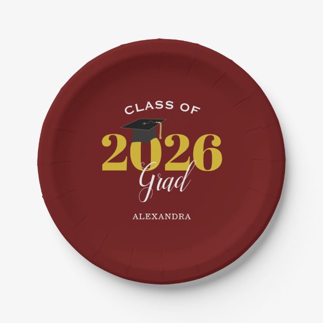 Class of 2026 Grad Simple Maroon and Gold Paper Plate (Front)