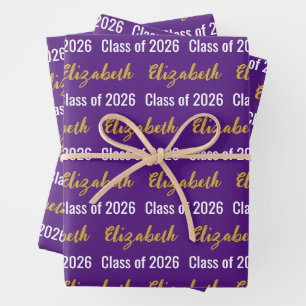 Class of 2026 Grad's Name Royal Purple White Gold Wrapping Paper Sheet