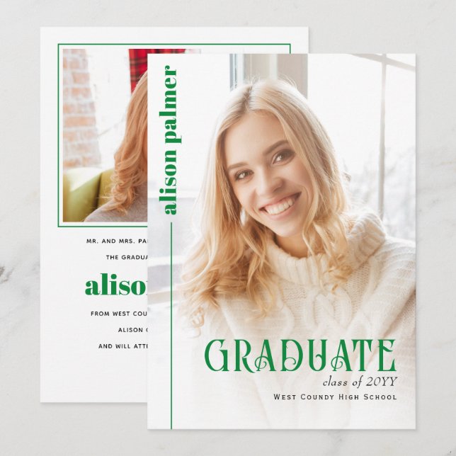 Class of 2026 GRADUATE minimalist green photo Announcement (Front/Back)
