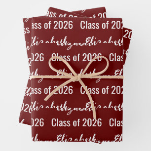 Class of 2026 Graduate's Name Dark Red and White Wrapping Paper Sheet