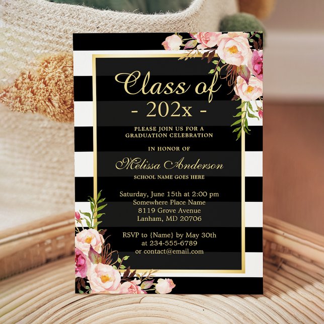 Class of 2026 Graduation Classy Floral Stripes Invitation (Creator Uploaded)