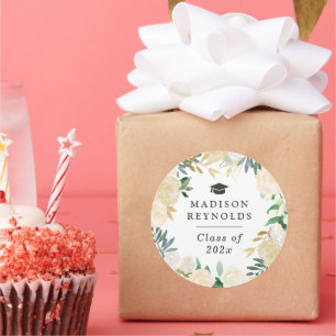 Class of 2026 Graduation White Green Gold Floral Classic Round Sticker