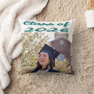 Class of 2026 green script graduation photo cushion