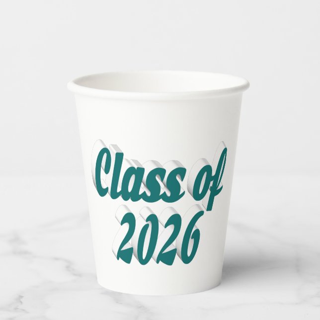 Class of 2026 green text graduation paper cups (Front)