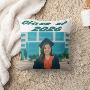 Class of 2026 green typography graduation photo cushion
