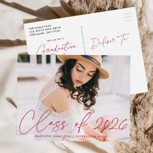 Class of 2026 Magenta Script Photo Graduation Invitation Postcard