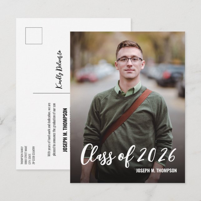 Class of 2026 Male Graduate Photo Custom message Announcement Postcard (Front/Back)