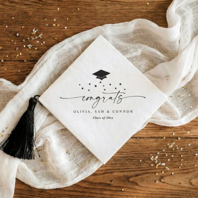 Class of 2026 Modern Black and White Graduation Napkin (Modern diagonal graduation napkins personalized with name and date in black and white)
