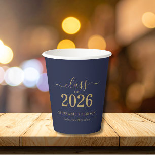 Class of 2026 Navy Blue Gold Graduation Party Paper Cups