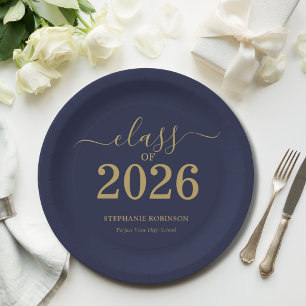 Class of 2026 Navy Blue Gold Graduation Party Paper Plate