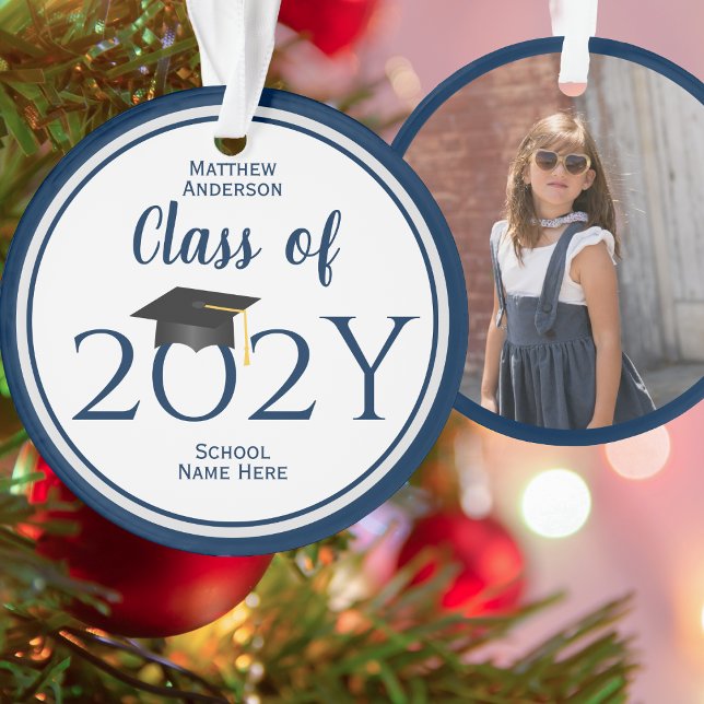 Class of 2026 Navy Blue Graduation Photo Ornament (Creator Uploaded)