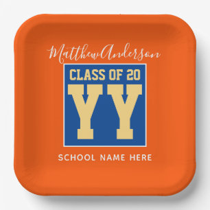 Class of 2026 Orange Blue & Gold Graduation Party Paper Plate