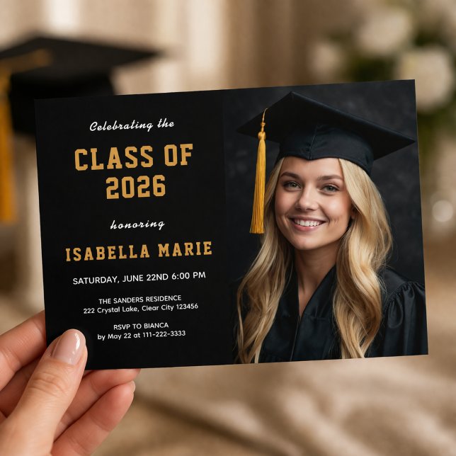 Class of 2026 Photo Gold Graduation Invitation (Class of 2026 modern photo graduation invite with elegant gold style)