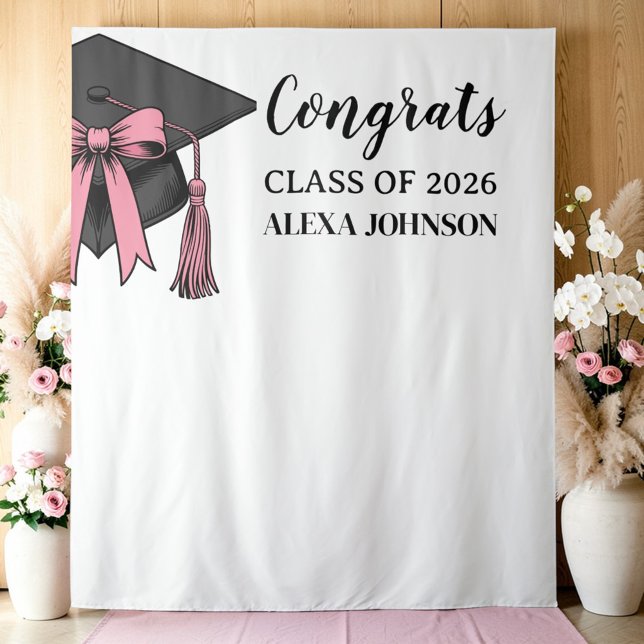 Class Of 2026 Pink Bow Graduation Cap Backdrop Tapestry (Creator Uploaded)
