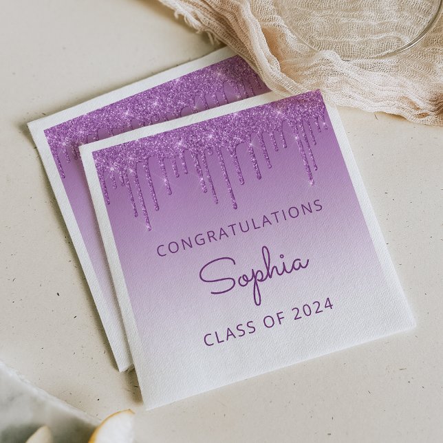 Class of 2026 Purple Glitter Drip Graduation Napkin (Creator Uploaded)