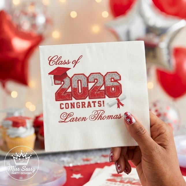 Class of 2026 Red & Silver Graduation Varsity Napkin (Make your Class of 2026 graduation party unforgettable with bold red and silver varsity napkins)