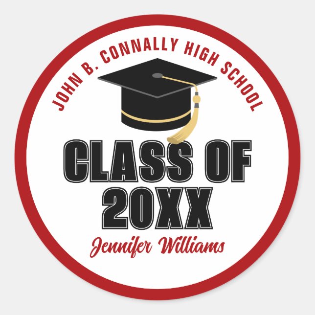 Class of 2026 Red White Personalised Graduate Name Classic Round Sticker (Front)