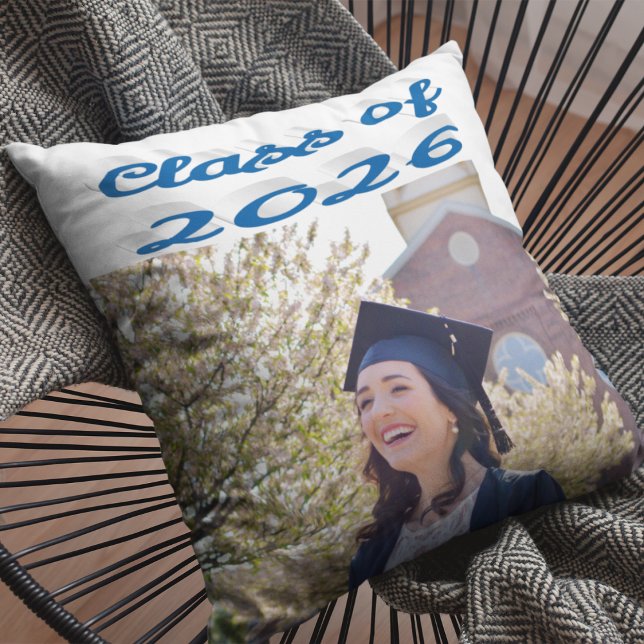 Class of 2026 sea blue script graduation photo cushion (Creator Uploaded)
