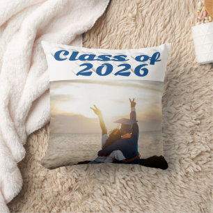 Class of 2026 sea blue text graduation photo cushion