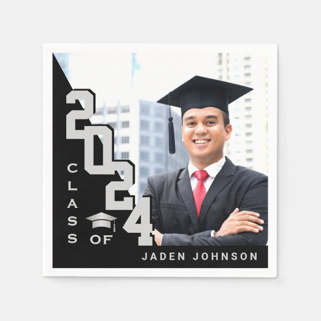 Class of 2026 Silver Black PHOTO Graduation Party Napkin (Front)