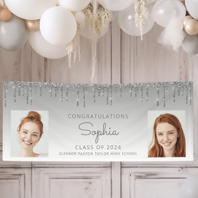 Class of 2026 Silver Glitter 2-Photo Graduation Banner (Creator Uploaded)