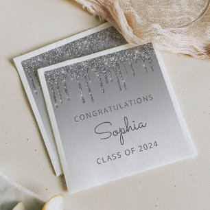 Class of 2026 Silver Glitter Drip Graduation Napkin