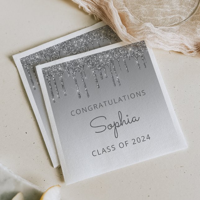 Class of 2026 Silver Glitter Drip Graduation Napkin (Creator Uploaded)