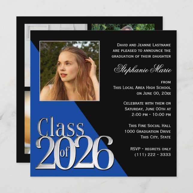 Class of 2026 Silver Grad Blue with Photo Invitation (Front/Back)
