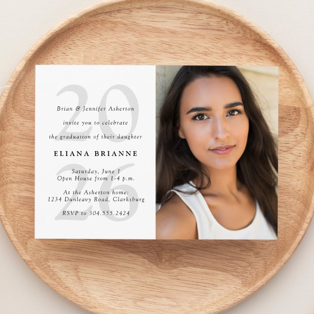 Class of 2026 simple black white photo graduation  invitation (Creator Uploaded)