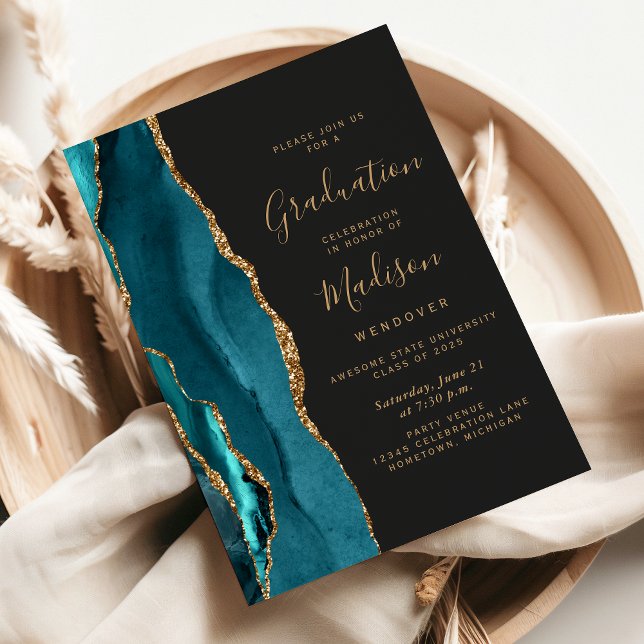Class of 2026 Teal Gold Agate Dark Graduation Invitation (Creator Uploaded)