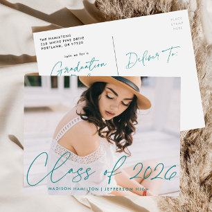 Class of 2026 Teal Script Photo Graduation Party Invitation Postcard