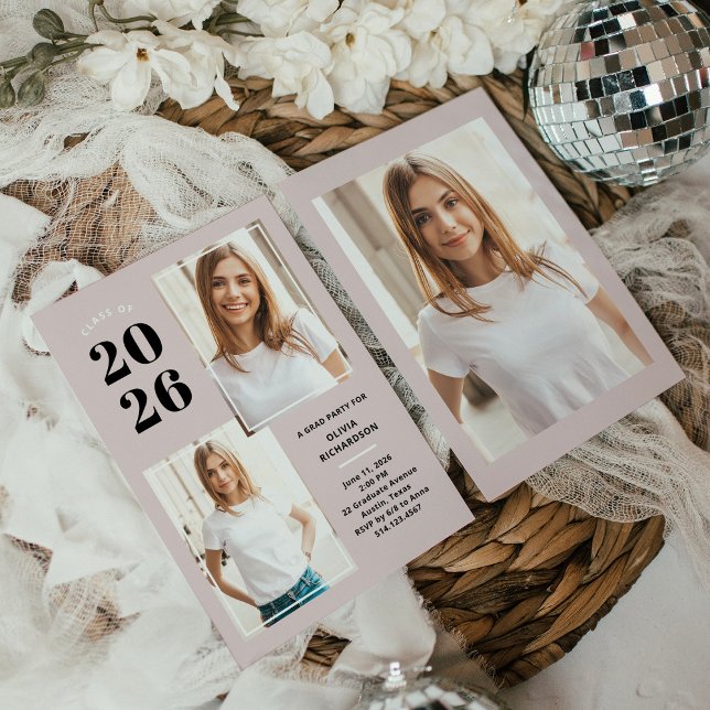 Class of 2026 | Three Photo Blush Pink Grad Party Invitation (Creator Uploaded)