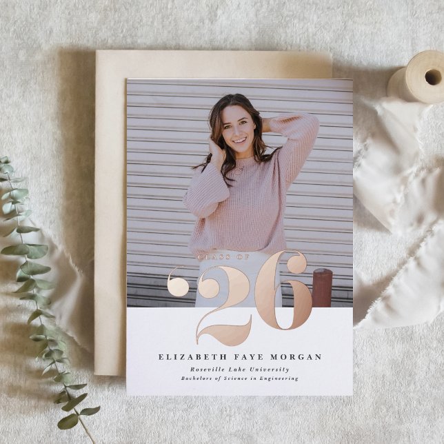 Class of 2026 Typography Photo Graduation Pink (Customizable rose gold foil class of 2026 graduation invitation featuring bold typography. )