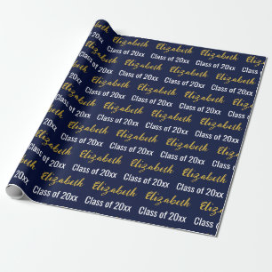 Class of 2027 Graduate's Name Dark Blue White Gold Wrapping Paper