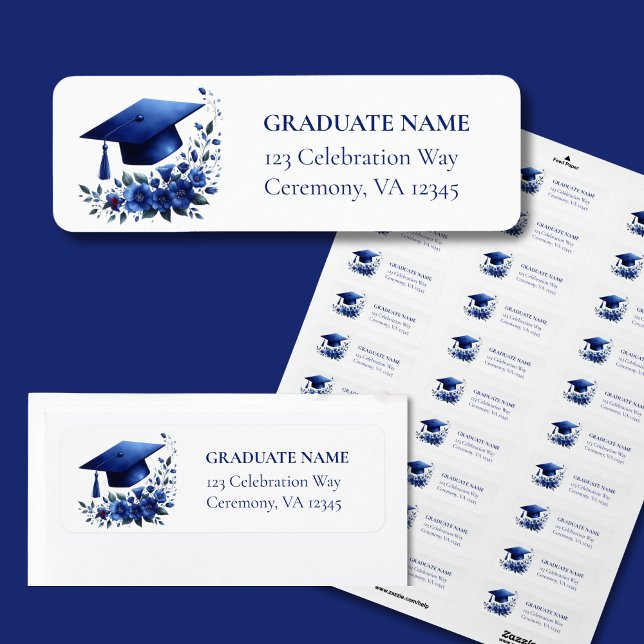 Class of 2027Blue Graduate Return Address Labels (A blue mortarboard with blue flowers make for an elegant return address label for graduates.)