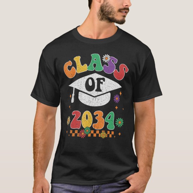Class Of 2034 Grow With Me Pre K Graduate Groovy R T-Shirt (Front)
