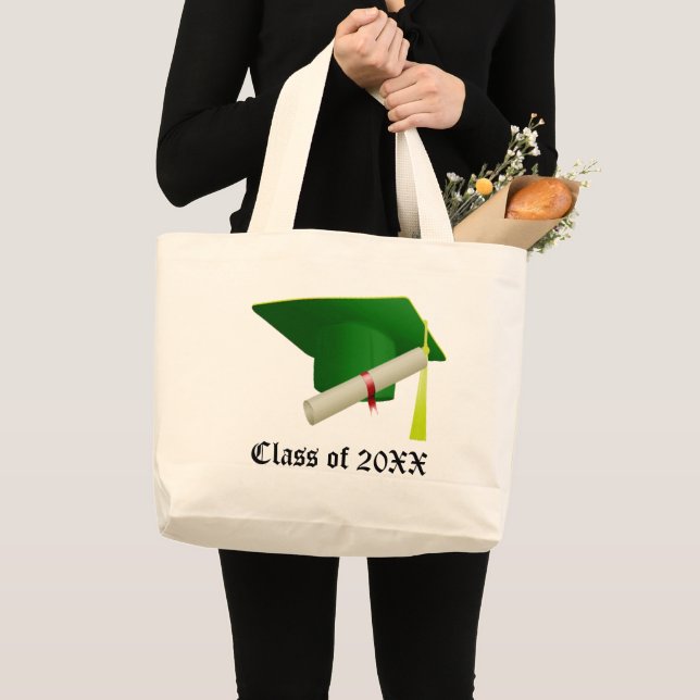 Class of 20XX Graduation Green Cap & Diploma Large Tote Bag (Front (Product))