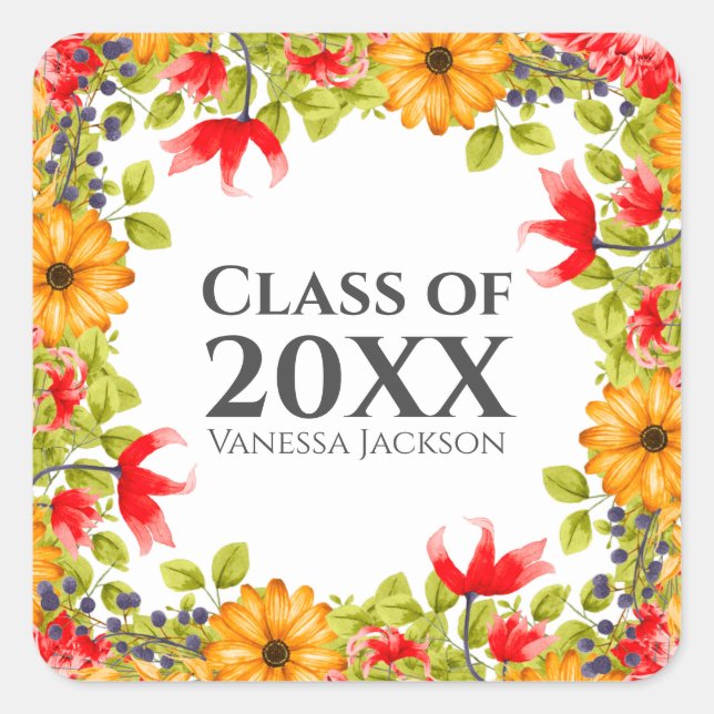 Class of 20XX Modern Bright Floral Graduation Square Sticker (Front)