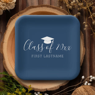 Class of 20xx Trendy Script and Name - Navy Blue Paper Plate