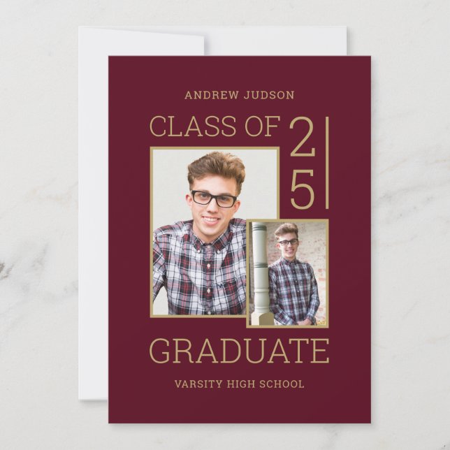 Class Of 24 Photo & Bio Burgundy Gold Open House Invitation (Front)