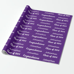 Class of 24 Purple White Congratulations Grad Name Wrapping Paper