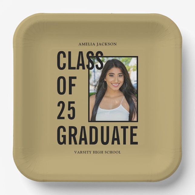 Class Of 25 Black & Gold Photo Graduation Party Paper Plate (Creator Uploaded)