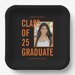 Class Of 25 Black & Orange Photo Graduation Party Paper Plate