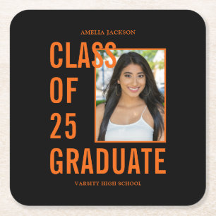 Class Of 25 Black & Orange Photo Graduation Party Square Paper Coaster