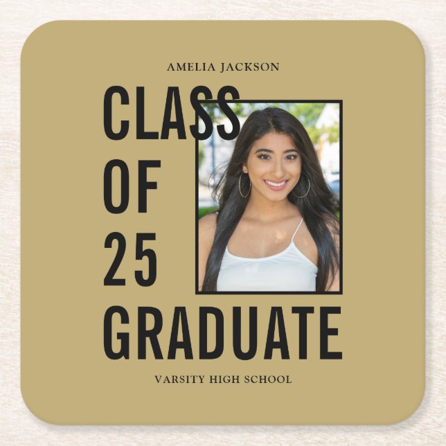 Class Of 25 Gold Photo Graduation Party Square Paper Coaster (Front)
