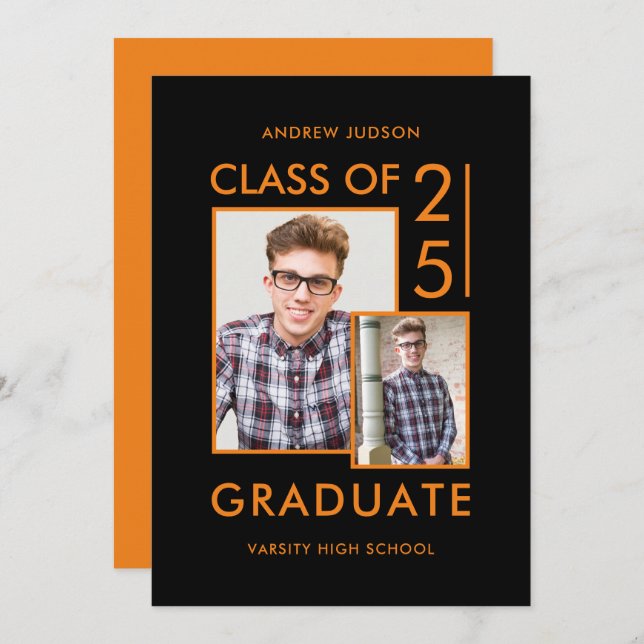 Class Of 25 Modern Black & Orange Photo Grad Party Invitation (Front/Back)