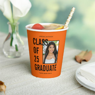 Class Of 25 Orange & Black Photo Graduation Party Paper Cups