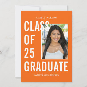Class Of 26 Graduate Orange White Photo Graduation Announcement