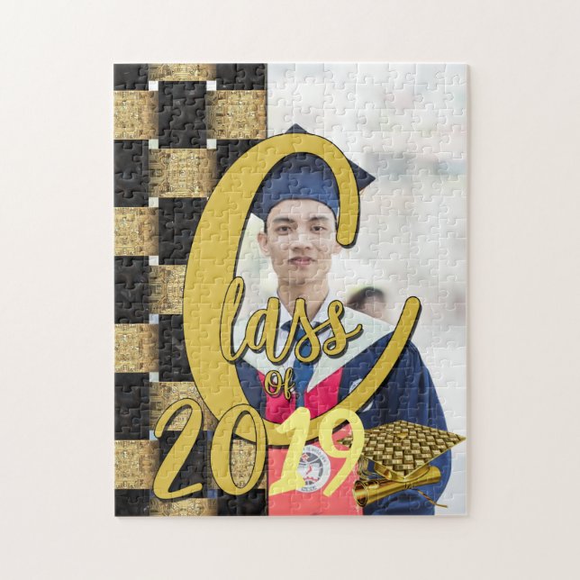 Class Of Accomplished Black and Gold Graduation Jigsaw Puzzle (Vertical)